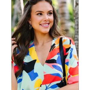 Jodifl Abstract Floral V-Neck Dolman Sleeve Blouse Multi Color Size M